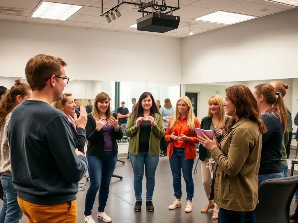 An image of participants engaged in a theatre workshop, actively participating in a group activity, highlighting the interactive nature of RV LE RAYON VERT's workshops.