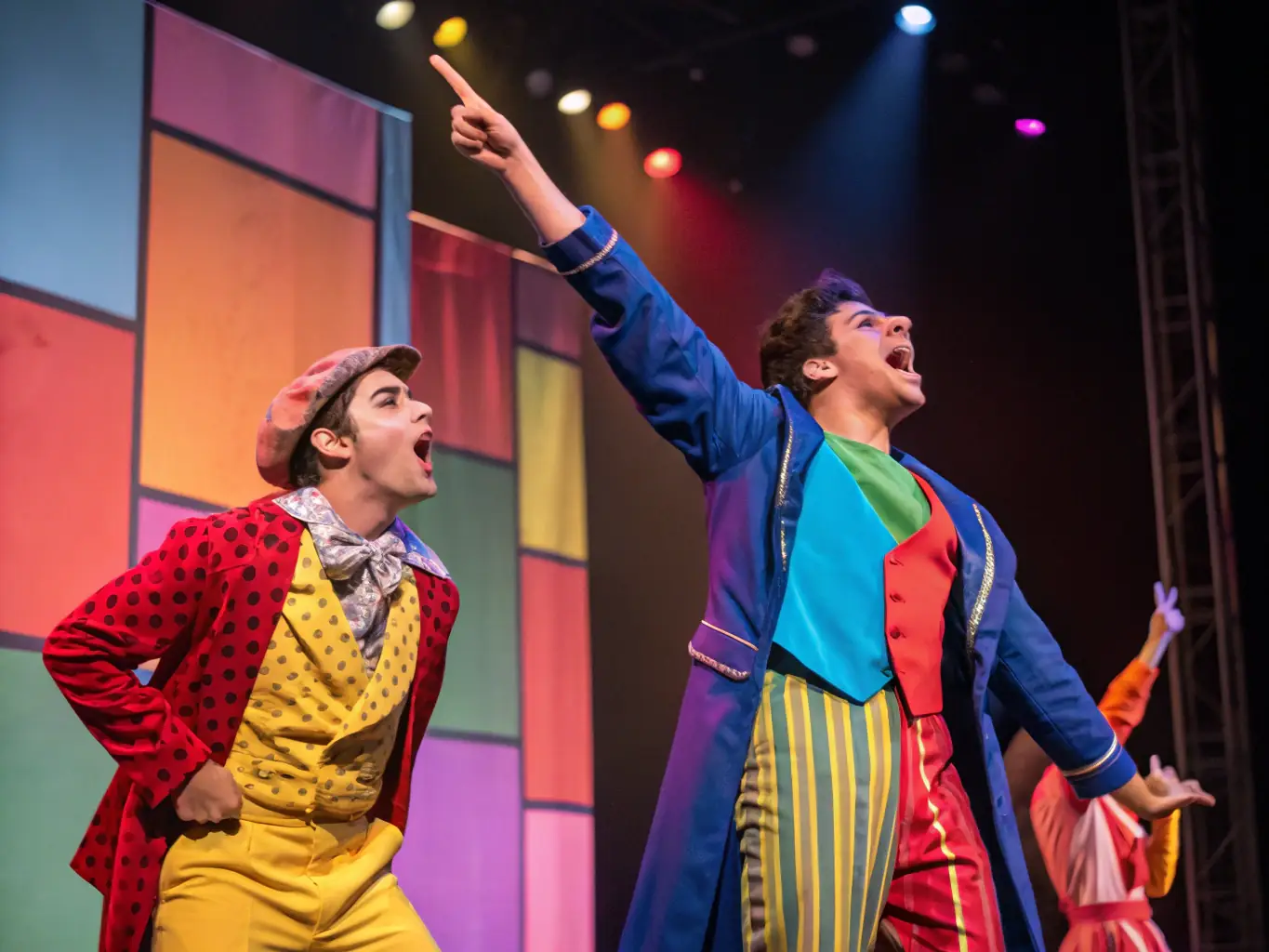 A vibrant stage scene with actors performing a play, showcasing the energy and emotion of a live theatre production at RV LE RAYON VERT.