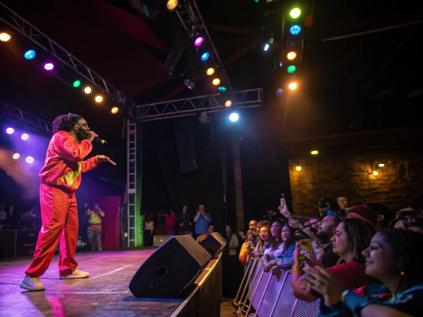 An image of a lively theatre stage with performers engaging the audience during a performance, showcasing a live performance at RV LE RAYON VERT.