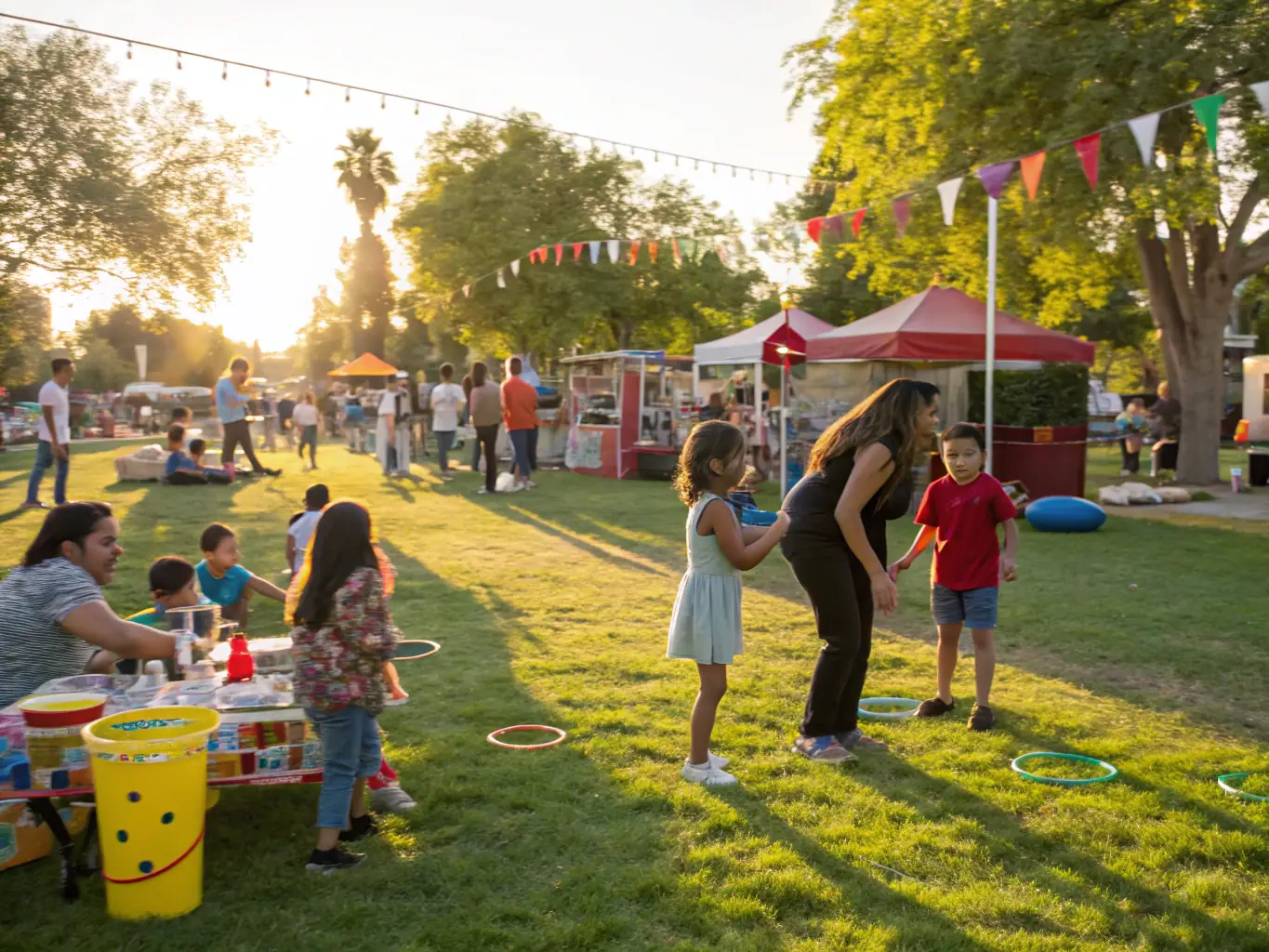 A lively outdoor scene depicting a community event with music, food, and people interacting, highlighting the inclusive and festive atmosphere of RV LE RAYON VERT.